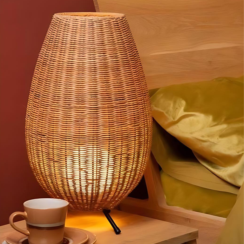 Naturlig Rattan Gulvlampe | Boho Stil | Indendørs og Udendørs Brug | Holdbar Konstruktion | Moderne