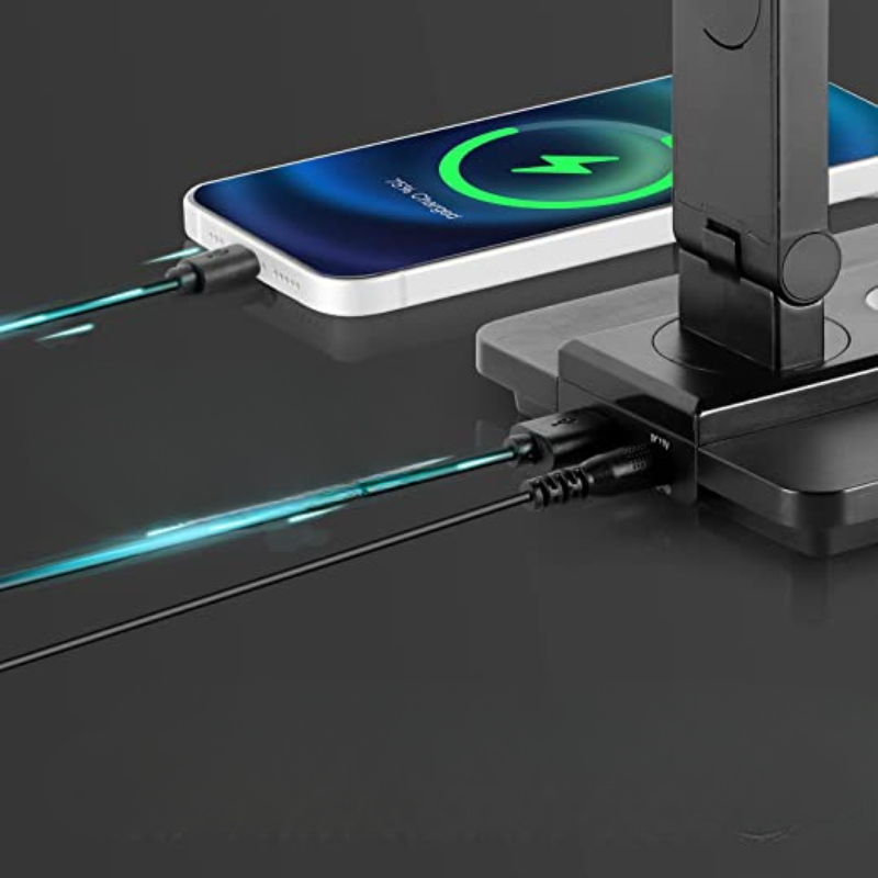 LED skrivebordslampe med trådløs opladning | USB-port | Touch kontrol | Justerbar lysstyrke | Sort Pro 6.0 | Fleksibel foldbar arm | Antirefleksskærm