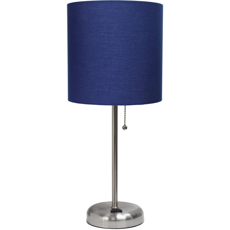 Stick Ladeudtag Bordlampe | Moderne Stoflampeskærm | Opladningsfunktion | Højde 49,5 cm | Diameter 21,6 cm | Brushed Stål/Navy | Ideel til