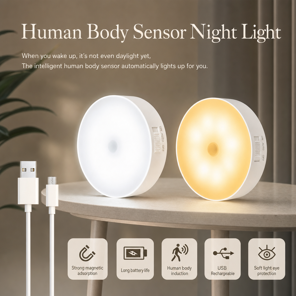 Wireless LED Motion Sensor Night Light | USB Rechargeable | Cabinet & Stair Lighting | Set of 2