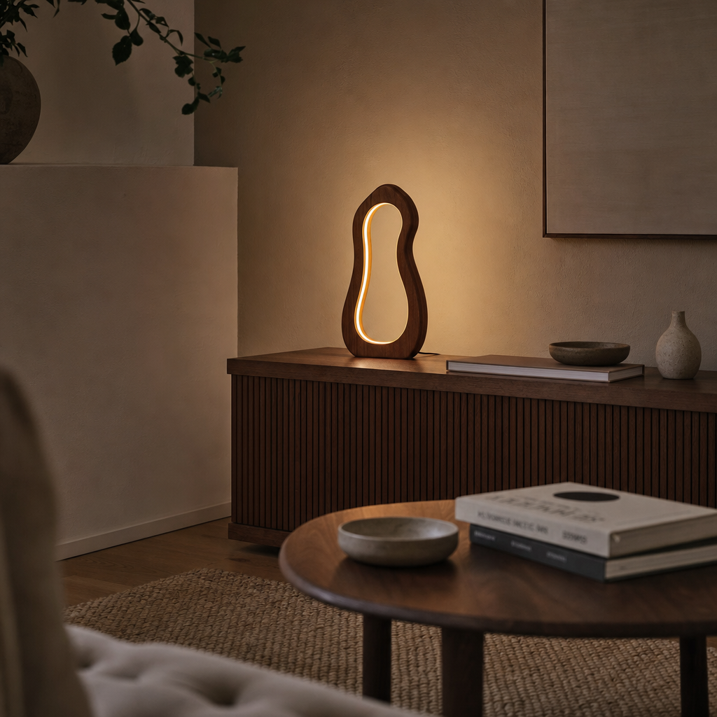 Premium Sheesham Wood LED Table Lamp | Curved Wave Design | Walnut Finish | Artistic Decoration | Versatile Use | Living Room & Bedroom