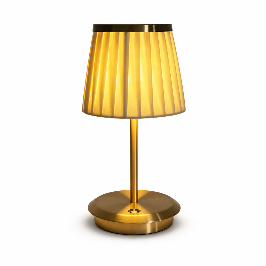 Wireless Gold Table Lamp | Dimmable Fabric Shade | Elegant No-Wire Design | 3-Level Brightness | USB Charging | Cozy Atmosphere Lighting