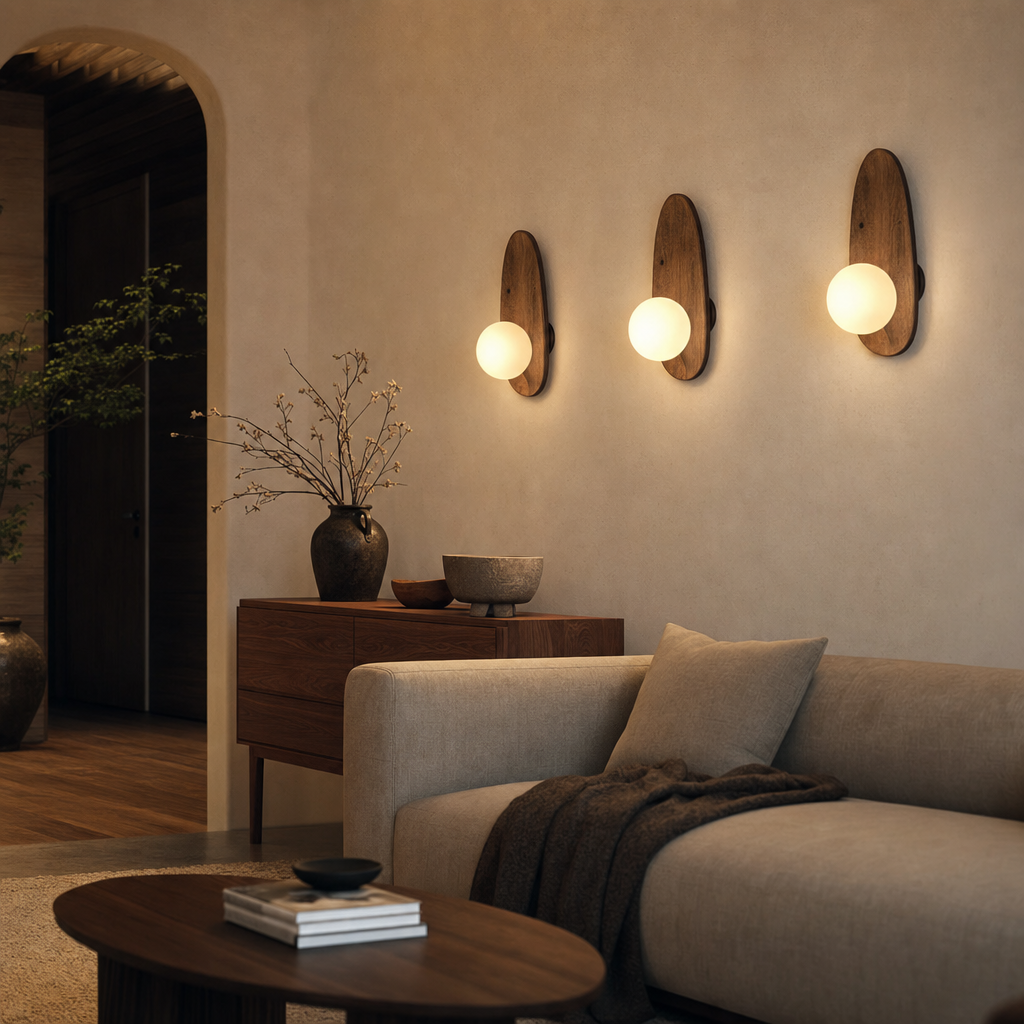 Acacia Wood Wall Light | Opaque Glass Shade | Harmonious Lighting for Living Room Bedroom Hallway