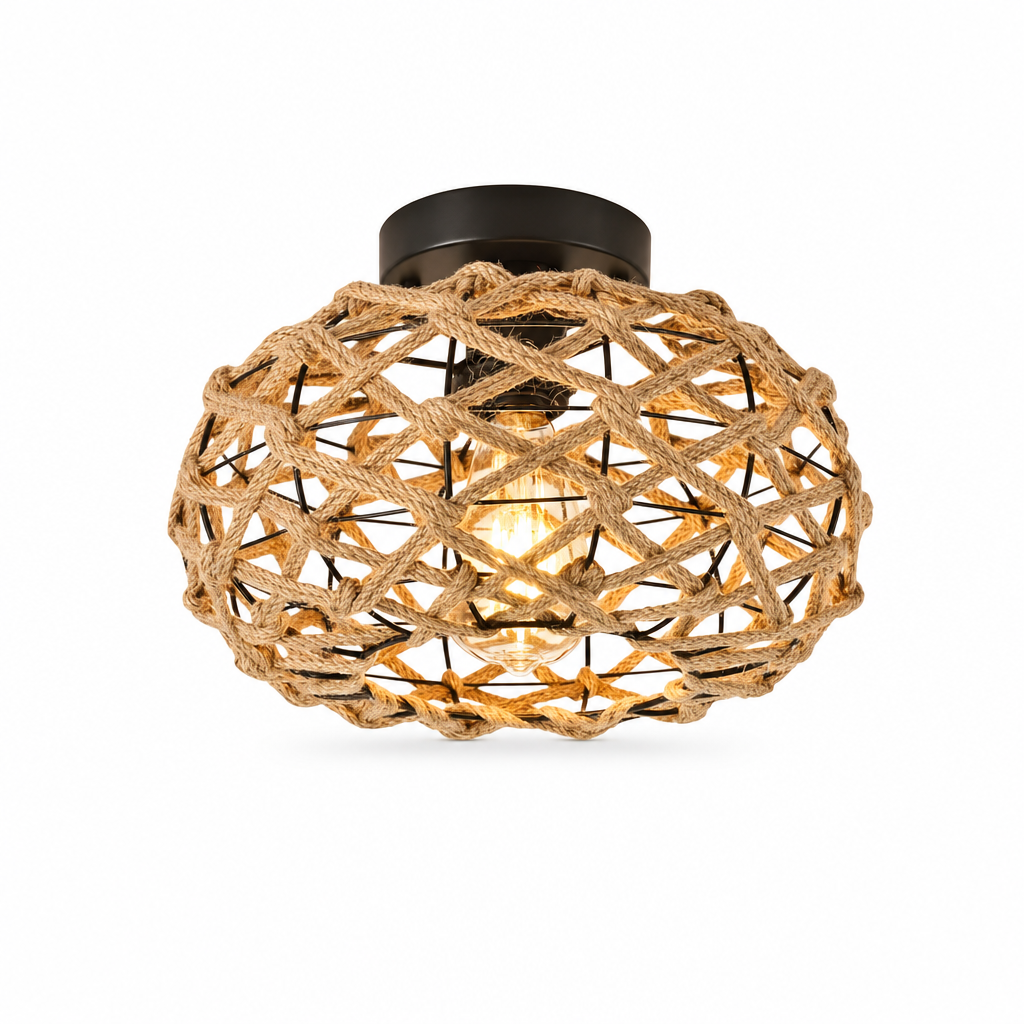 Rustic Handwoven Hemp Rope Ceiling Light | Flush Mount Bohemian Chandelier | Iron Art Decor for Bedroom, Kitchen, Corridor