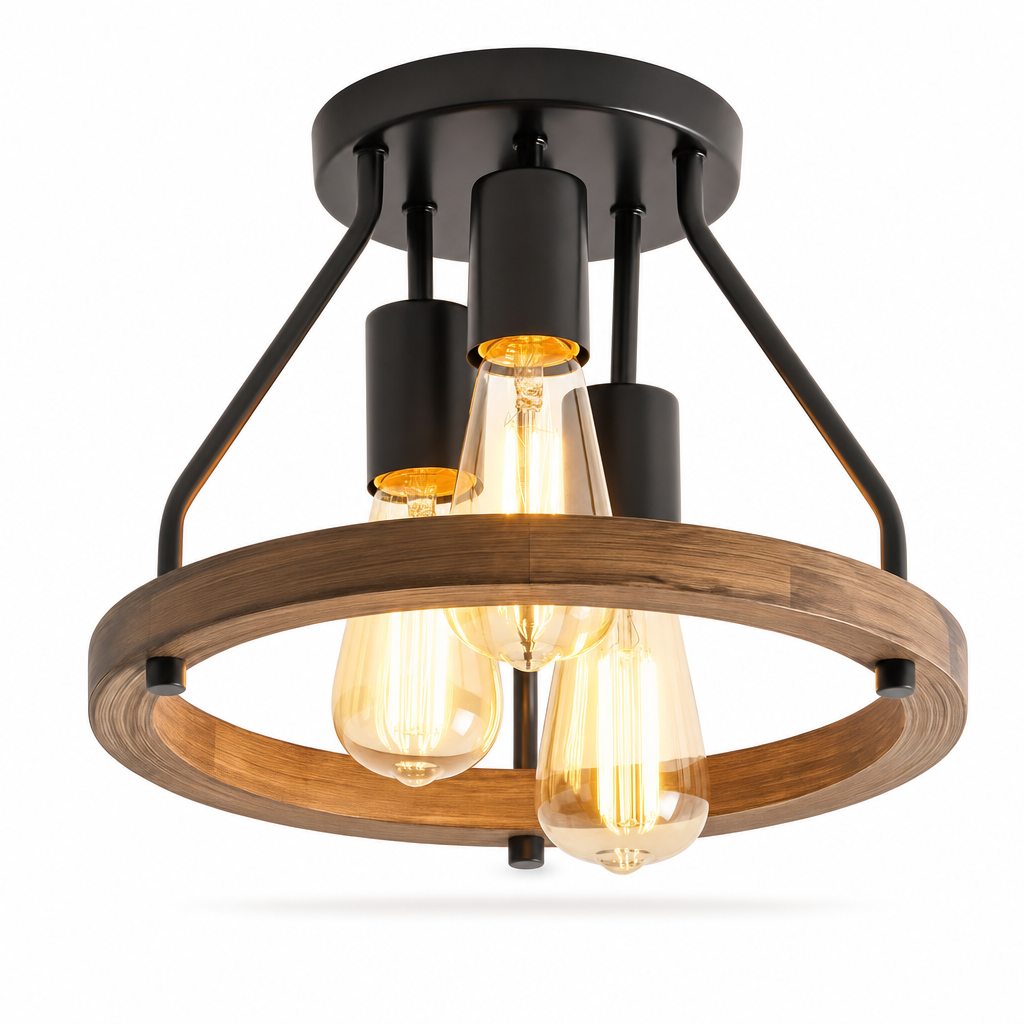 Rustic Semi-Flush Mount Ceiling Light | 3-Light Metal Fixture with E27 Base for Kitchen, Bedroom & Hallway | Installation Kit Included