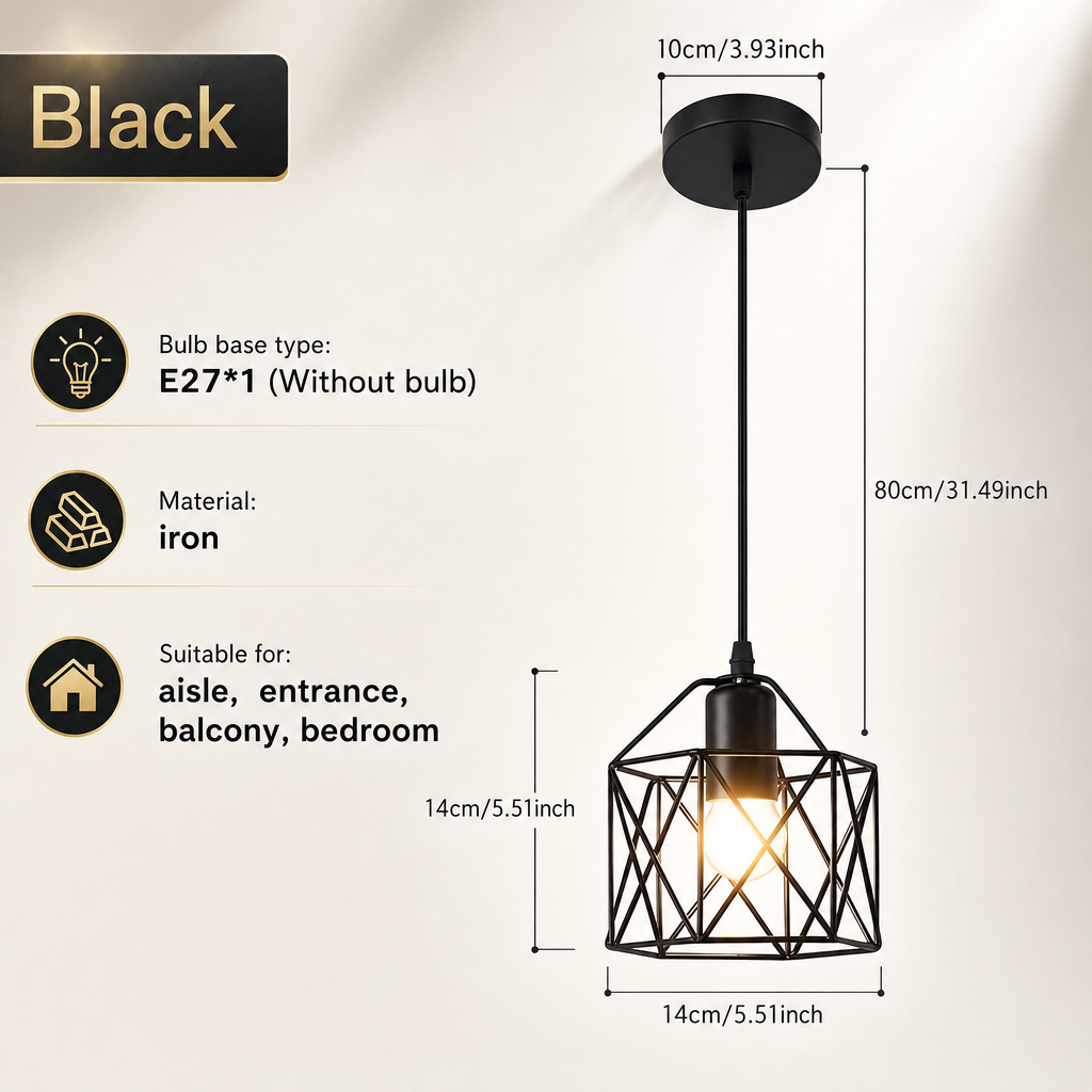 Nordic Black Wrought Iron Pendant Light | E27 Rustic Hanging Fixture | Bedroom, Hallway, Kitchen, Dining | Semi Flush Mount | No Bulbs Included