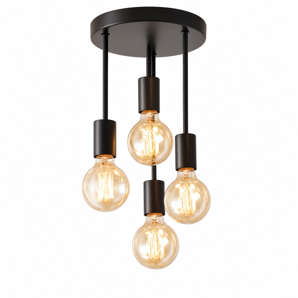 Modern Rustic Black 4-Light Ceiling Fixture | Semi Flush Mount Cast Iron | E27 Base | Varnished Finish | Ideal for Bedroom Dining Room