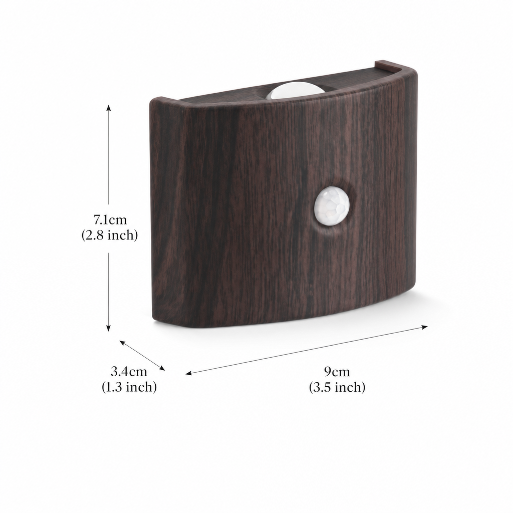 Smart LED Motion Sensor Night Light | Adjustable Brightness & 3 Colors | Wood or Walnut Finish | Battery Powered for Bedroom & Hallway