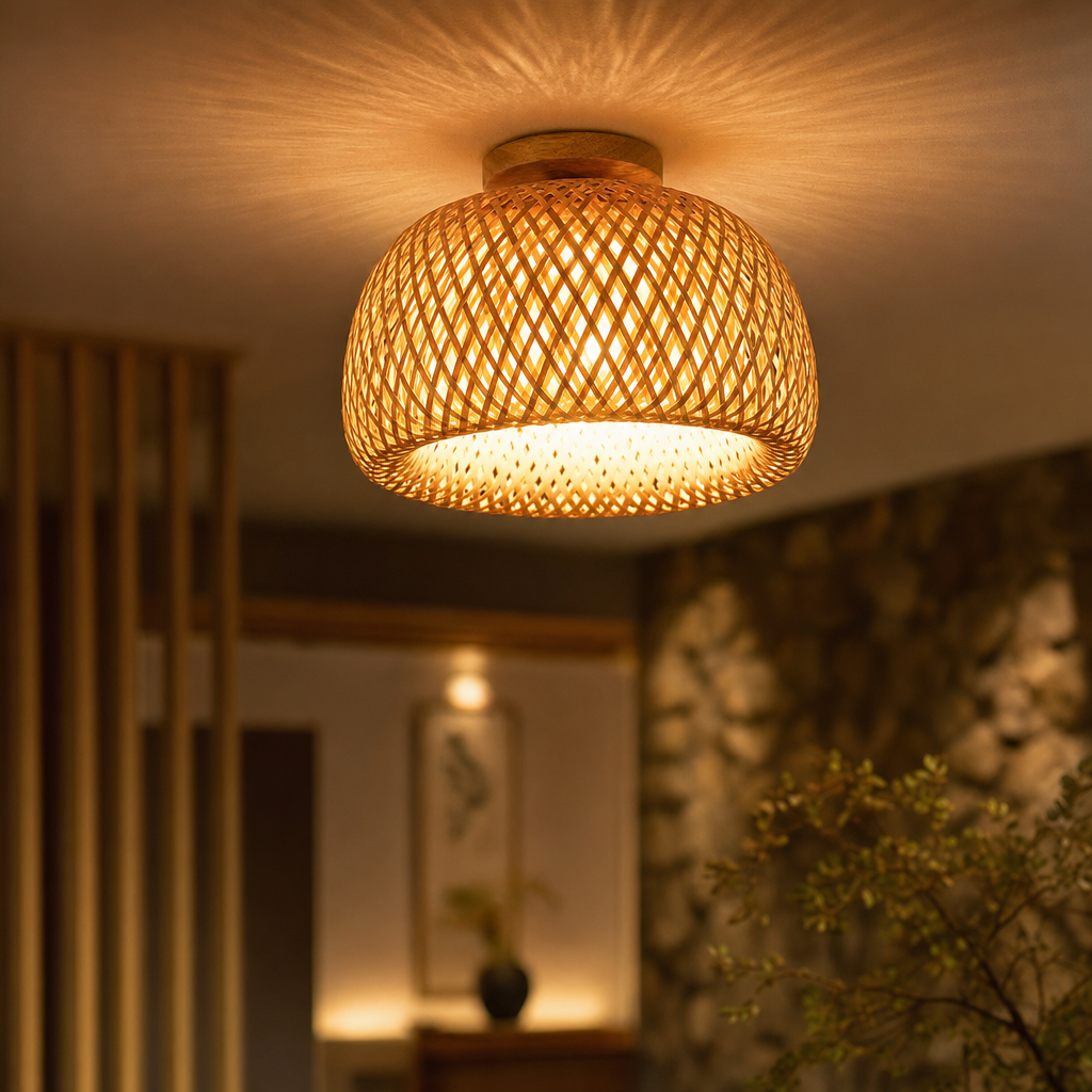 Tropical Woven Ceiling Light | E27 Base | Bamboo Style Semi Flush Mount | Hallway Kitchen Bedroom | 30cm Diameter