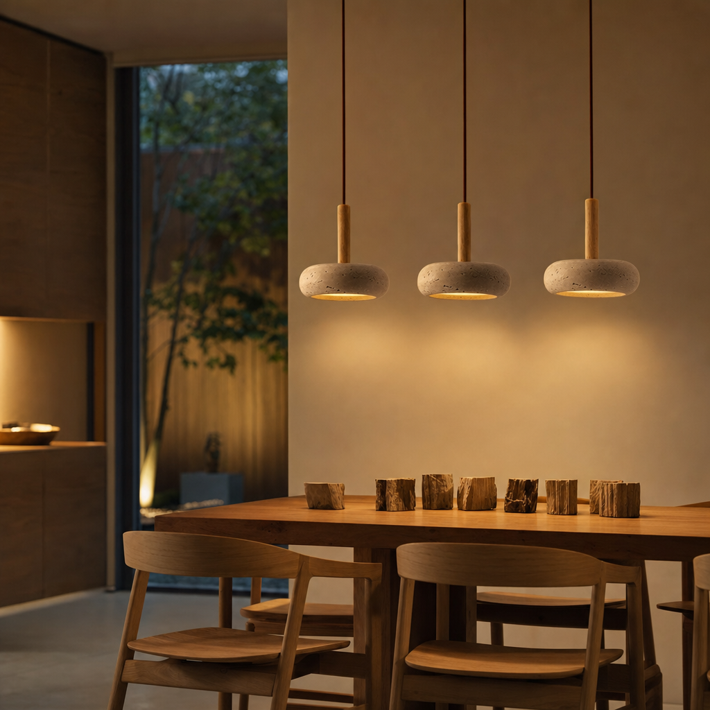 TranquilHalo LED Hanging Light | Adjustable Height | Yellow Stone & Wood | Easy Install | Warm Glow | 2m Cord | 15cm Diameter