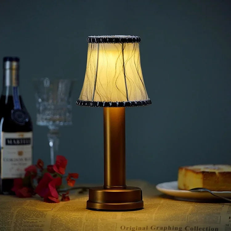 Cordless Rechargeable Fabric Table Lamp | Dimmable LED Light | Soft Atmosphere Lighting | Gold Finish | USB Charging | Portable Desk Lamp