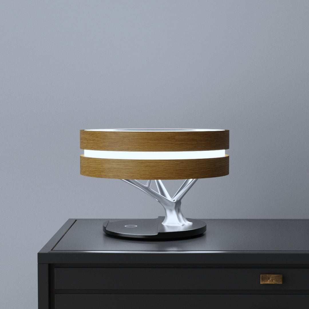 LED Bordlampe | Rund Trædesign | Integreret Bluetooth Højttaler | Trådløs Opladning | Luminoir | Elegant Moderne