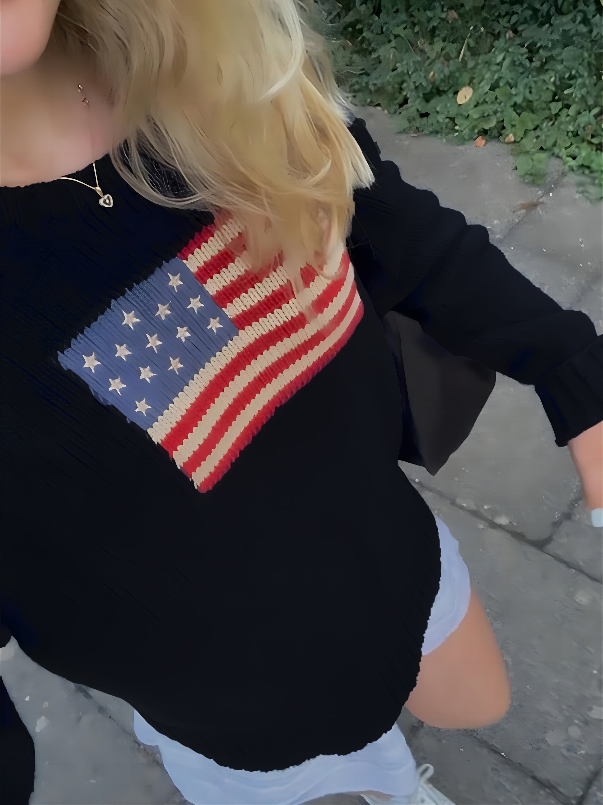 Amerikansk Flag Mønstret Kvinde-Bluse | Rund Hals | Lange Ærmer | Vintervarm og Komfortabel | Blødt Materiale | Elegant Daglig