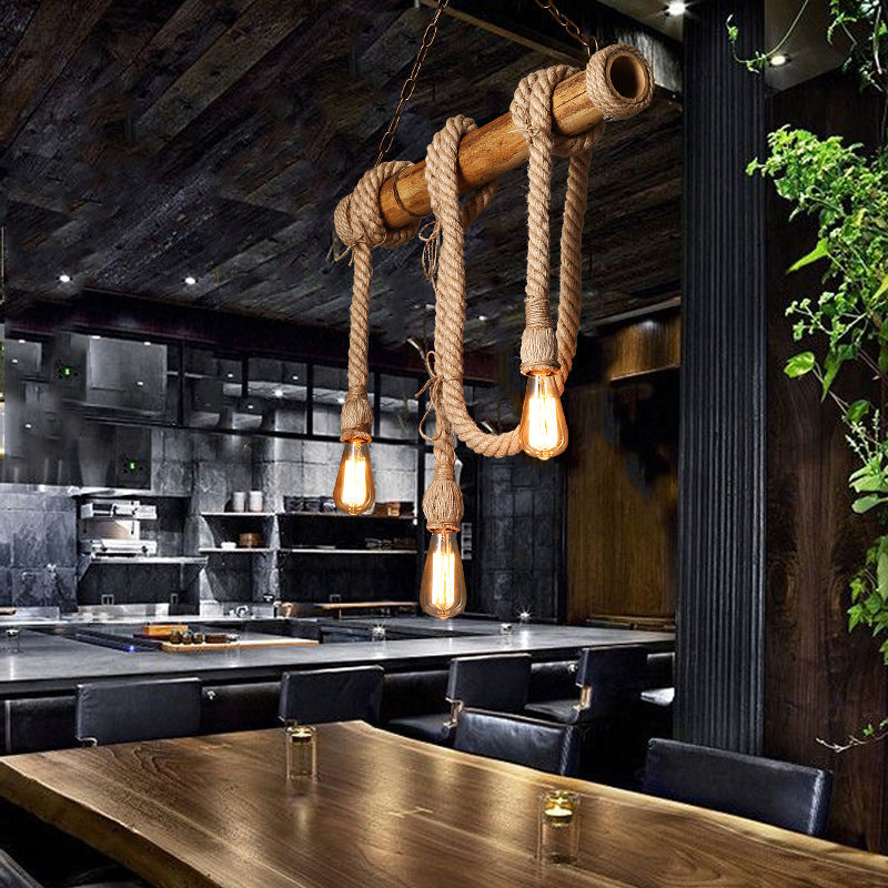 Justerbar loftlampe | Bambus og rebdesign | Moderne industriel belysning | Beige naturlig finish | Perfekt til køkkenø og spiseområde