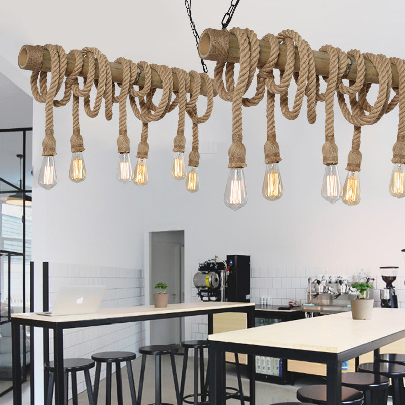 Justerbar loftlampe | Bambus og rebdesign | Moderne industriel belysning | Beige naturlig finish | Perfekt til køkkenø og spiseområde