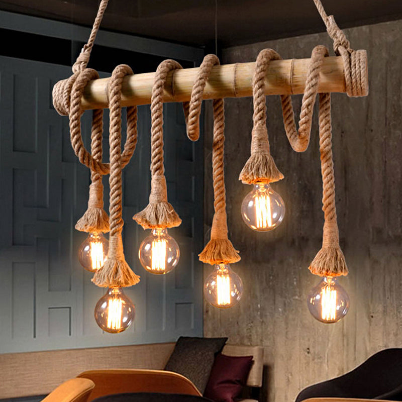 Justerbar loftlampe | Bambus og rebdesign | Moderne industriel belysning | Beige naturlig finish | Perfekt til køkkenø og spiseområde