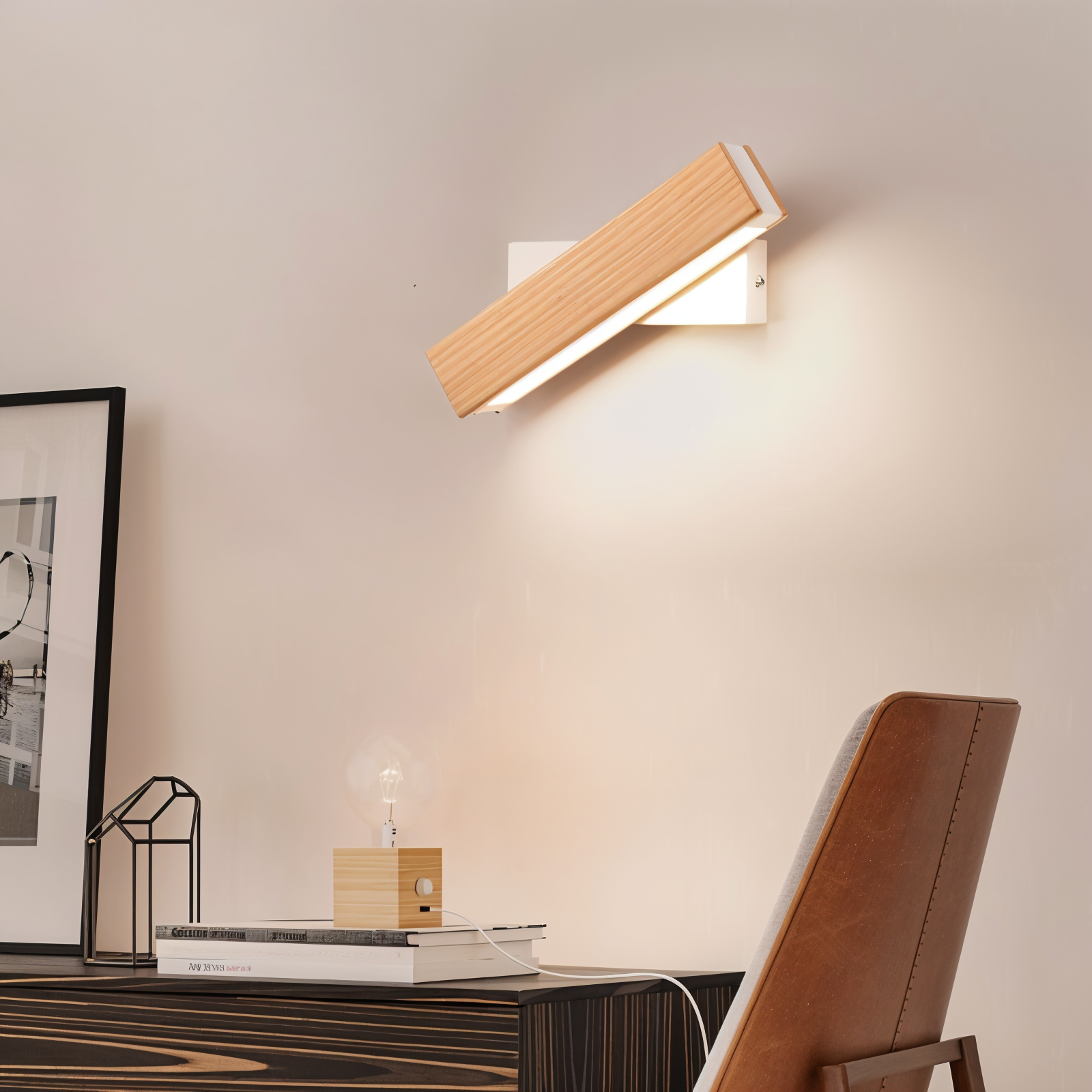 TwistLED | Træ LED-væglampe | 360° Roterbar | Minimalistisk og Elegant Design | Øjenvenligt Diffust Lys | Holdbar og Ridsefast | Energieffektiv