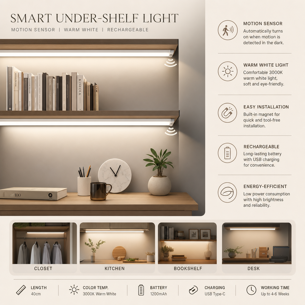 USB Rechargeable Motion Sensor LED Light | Portable Wireless Wardrobe Lamp | Dimmable Night Lighting