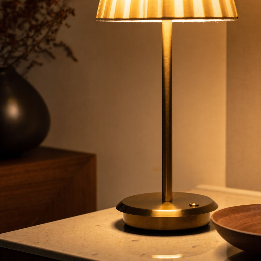Wireless Gold Table Lamp | Dimmable Fabric Shade | Elegant No-Wire Design | 3-Level Brightness | USB Charging | Cozy Atmosphere Lighting