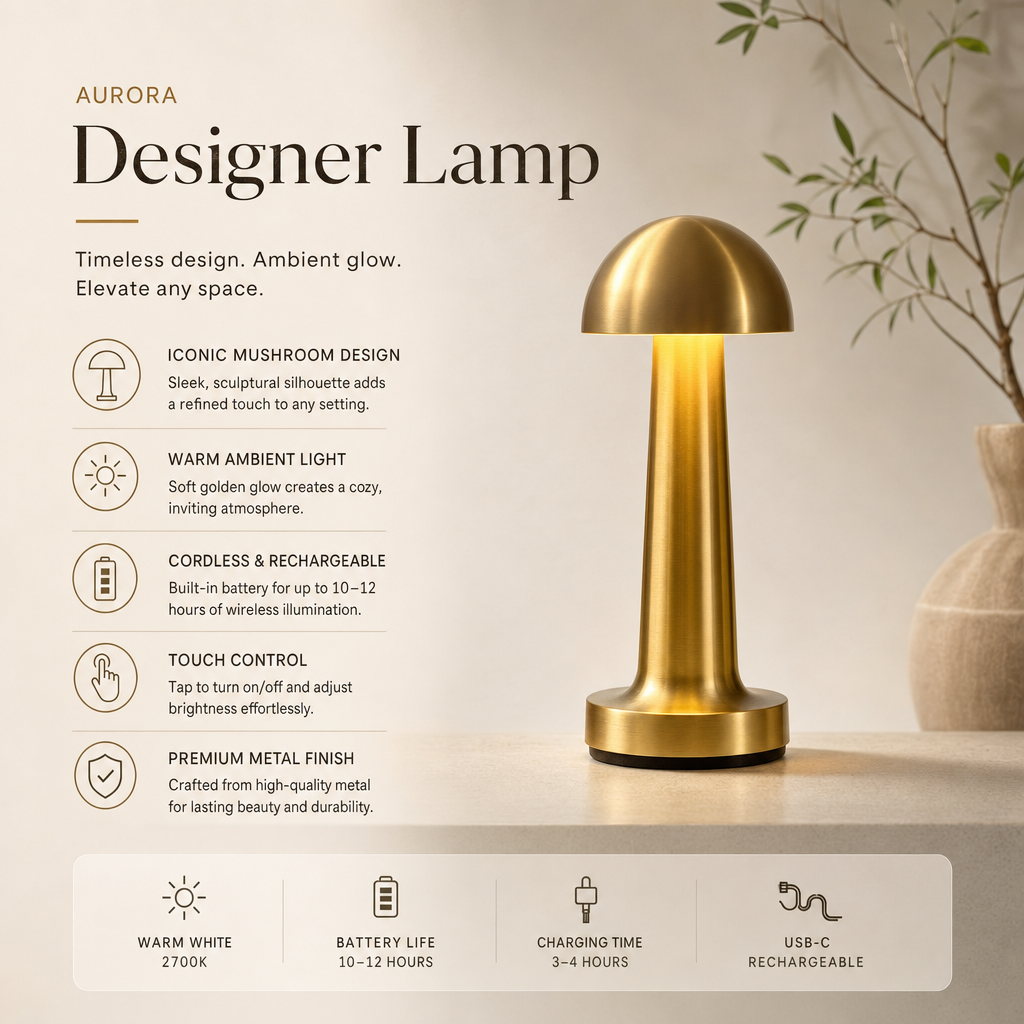 Cordless Rechargeable Mantar Lamp | Minimalist LED Lighting | Metal Plating Finish | Home Decor