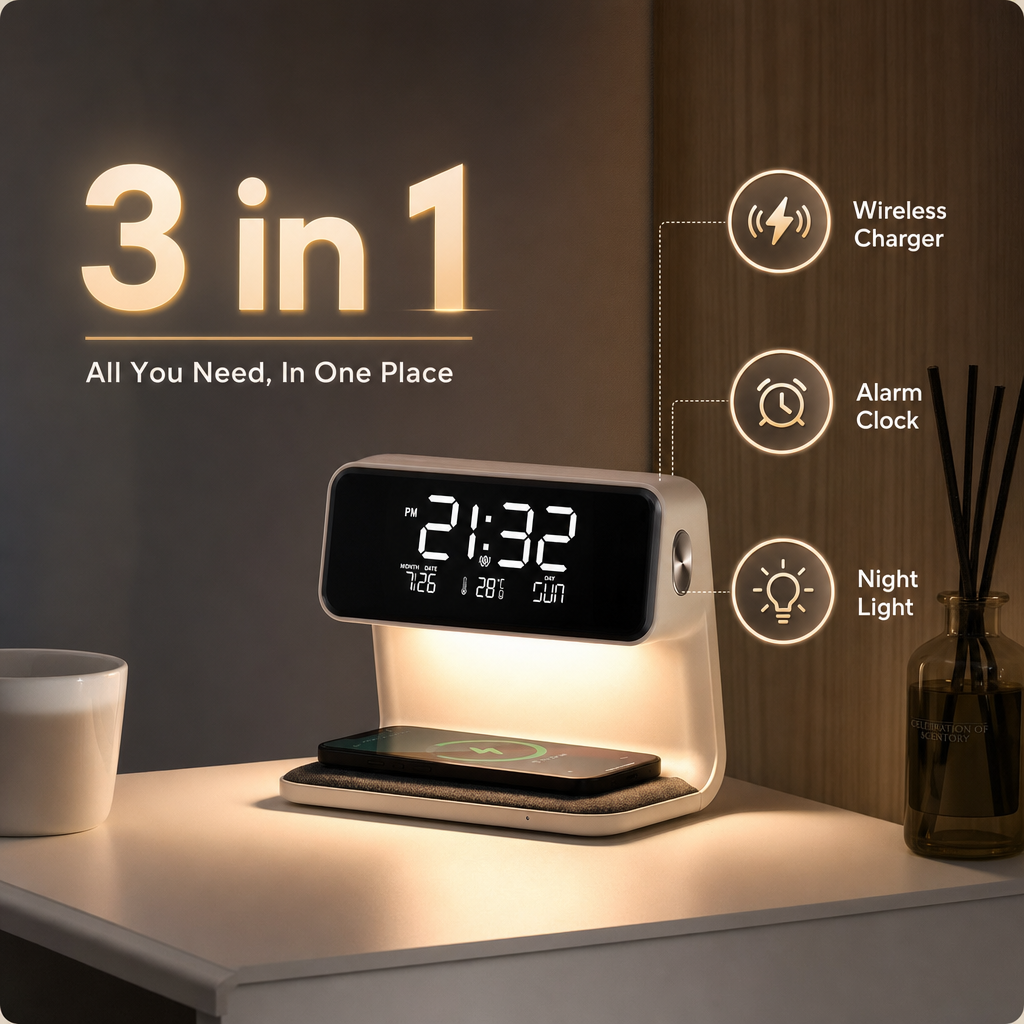 Smart LED Touch Lamp | Wireless Phone Charger | LCD Alarm Clock | Minimal Design | Bedroom & Office Decor