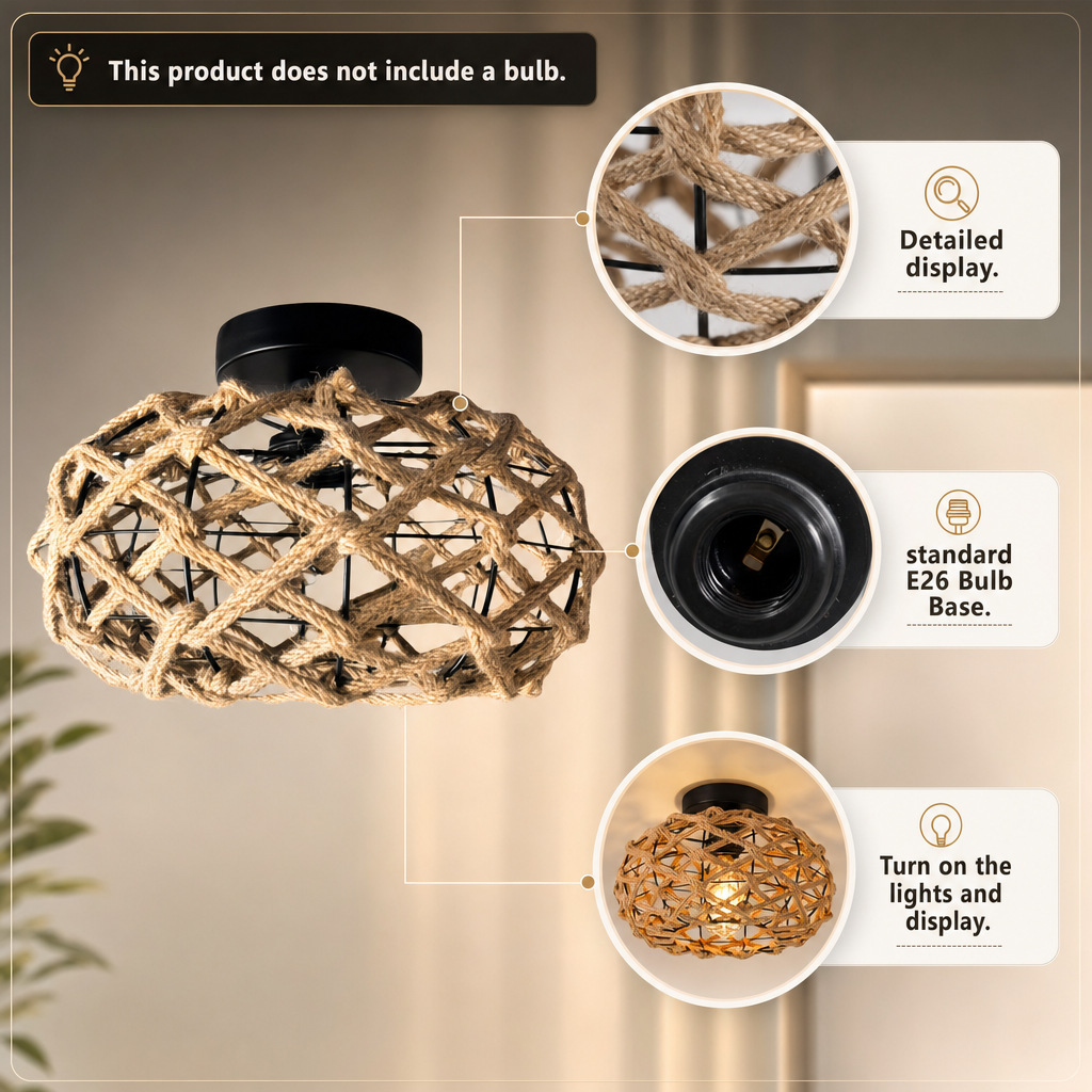 Rustic Handwoven Hemp Rope Ceiling Light | Flush Mount Bohemian Chandelier | Iron Art Decor for Bedroom, Kitchen, Corridor