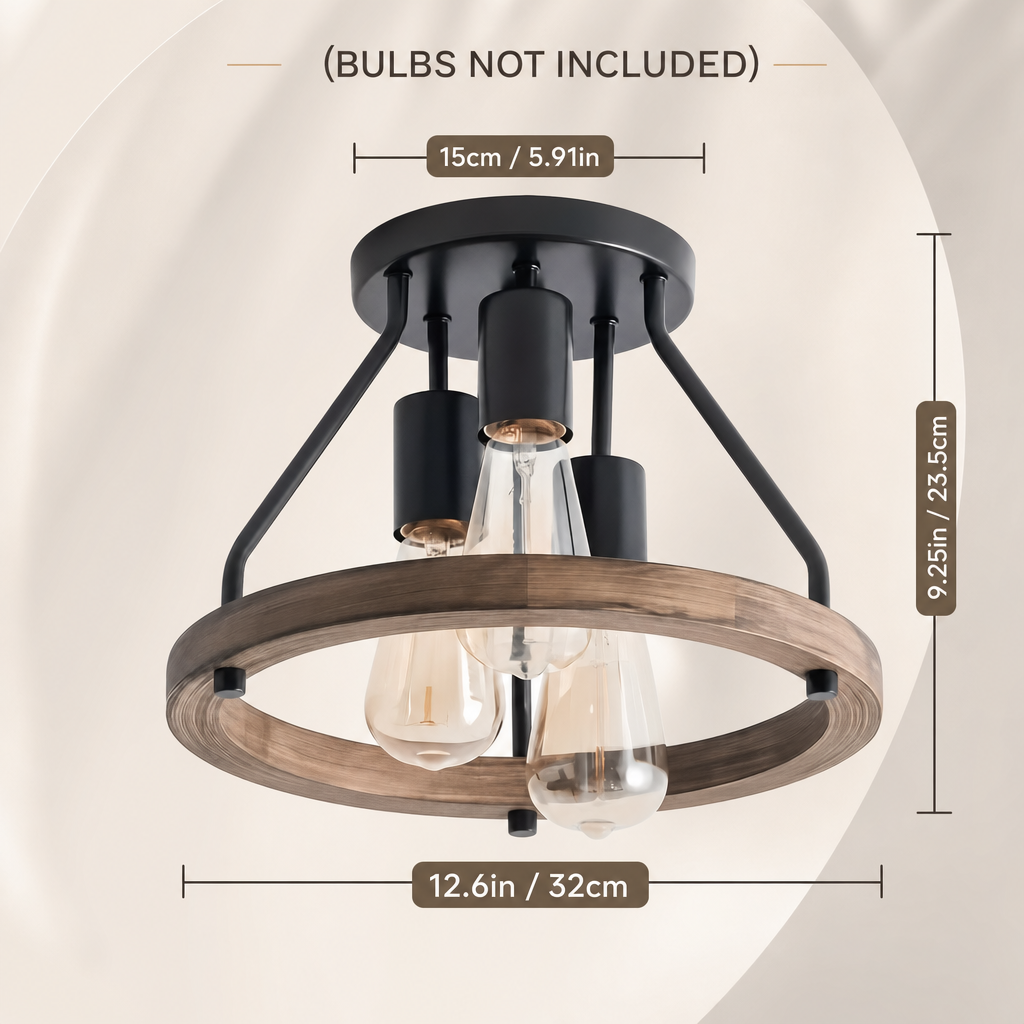 Rustic Semi-Flush Mount Ceiling Light | 3-Light Metal Fixture with E27 Base for Kitchen, Bedroom & Hallway | Installation Kit Included