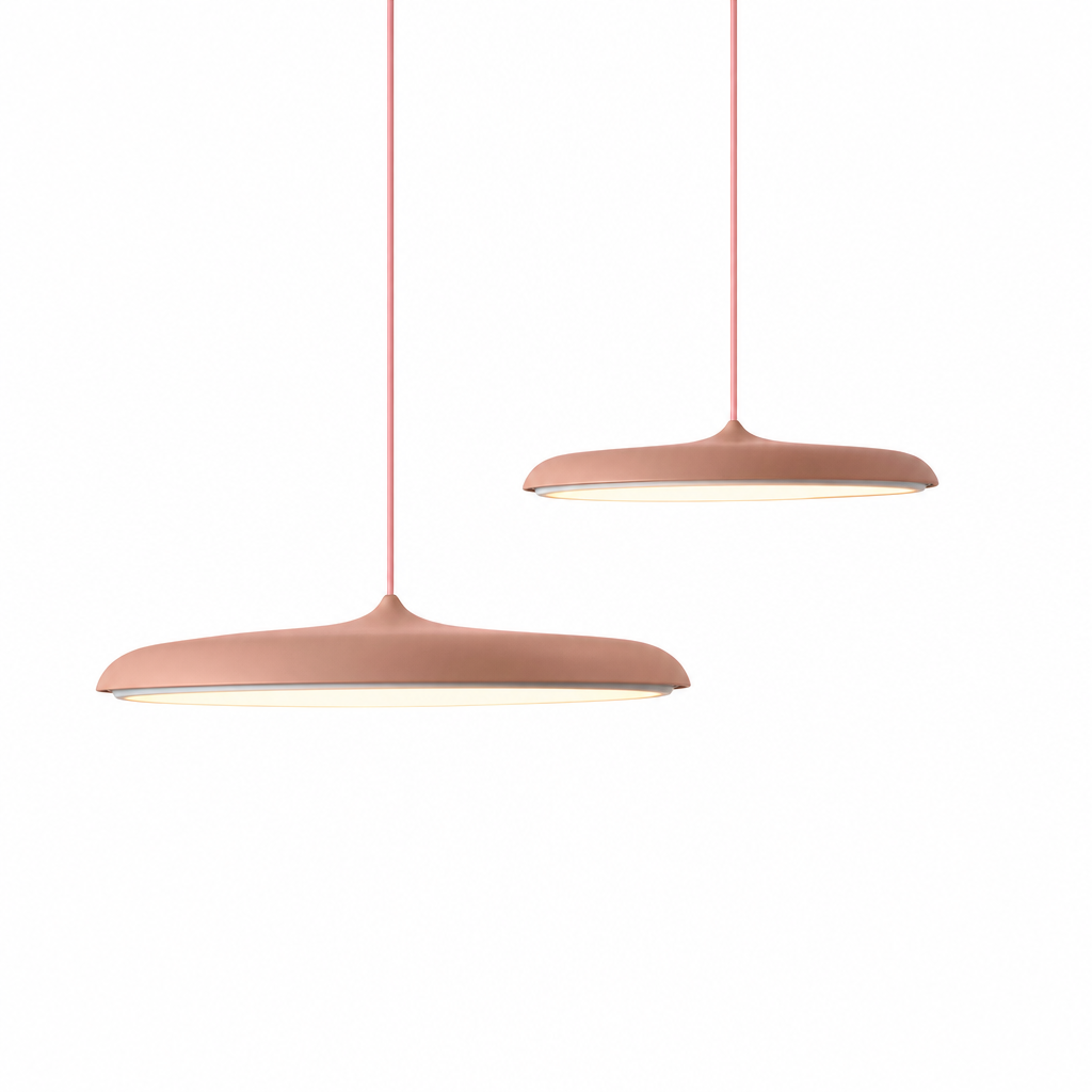 Modern LED Metal Pendant Light | Stylish Dining Room Fixture | Energy Efficient | Warm Light | Blue, Pink, Black, Gray | Round Ceiling Rose