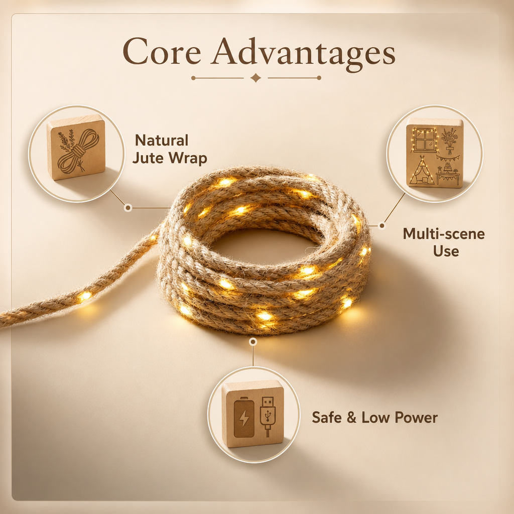 Battery-Powered Warm LED Rope Lights | Natural Brown | Indoor Decorative Lighting | Home Gift Decoration
