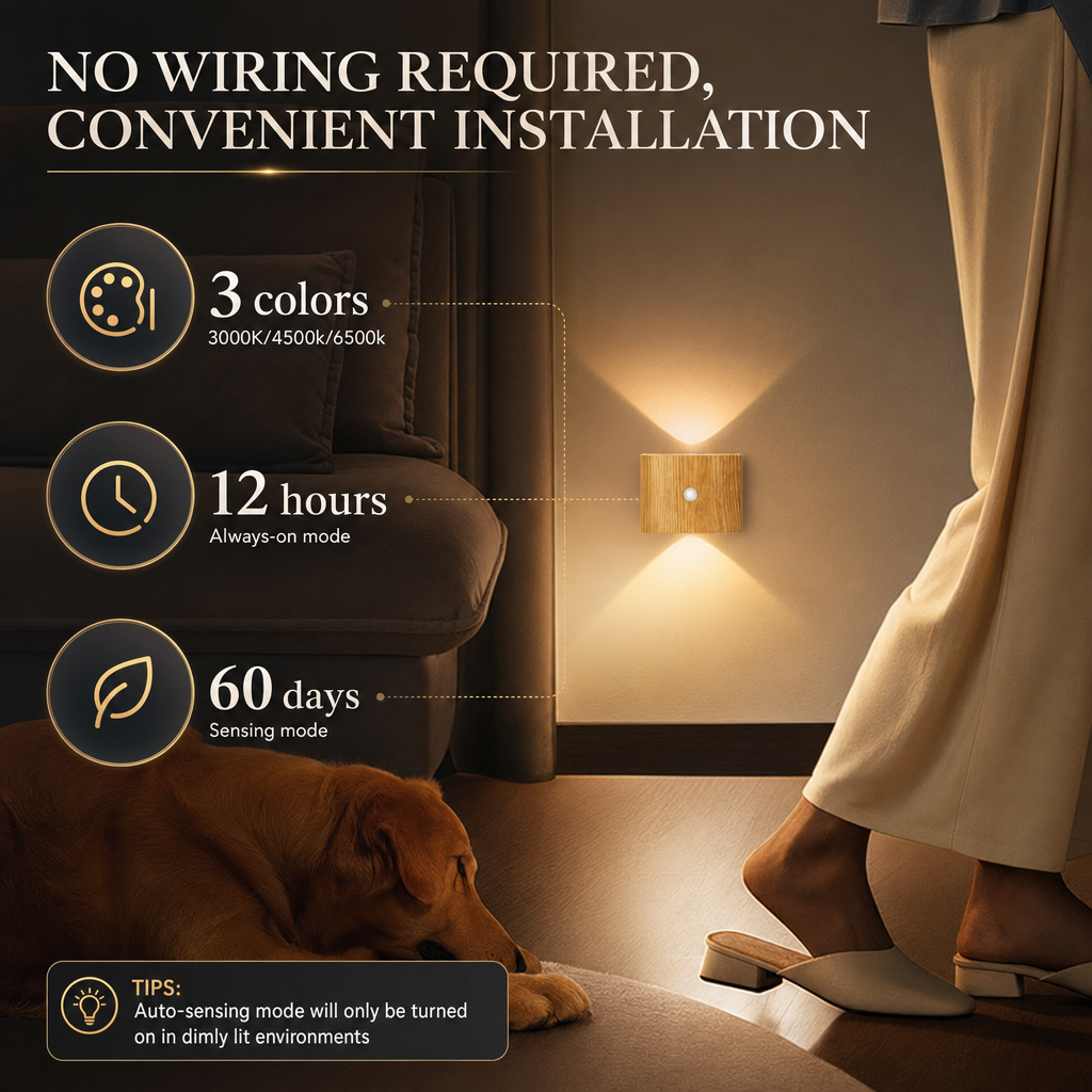 Smart LED Motion Sensor Night Light | Adjustable Brightness & 3 Colors | Wood or Walnut Finish | Battery Powered for Bedroom & Hallway