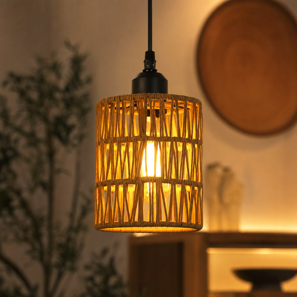 Rustic Handwoven Metal Pendant Light | E27 Base | Varnished Finish | Kitchen Restaurant Bedroom Decor | No Bulb Included