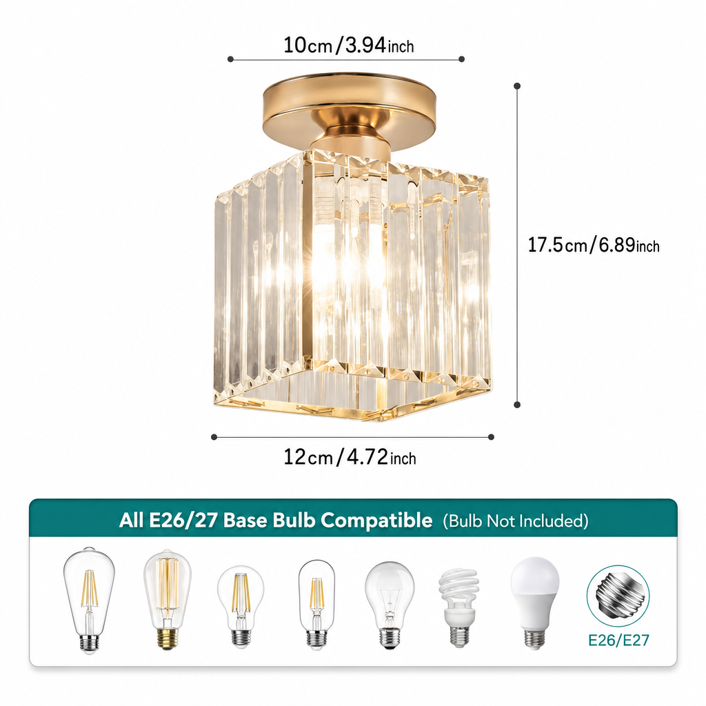 Modern Crystal Ceiling Light | Semi Flush Mount | E27 Base | Metal Varnished Fixture | Home Decor | Corridor Bedroom Kitchen Lighting