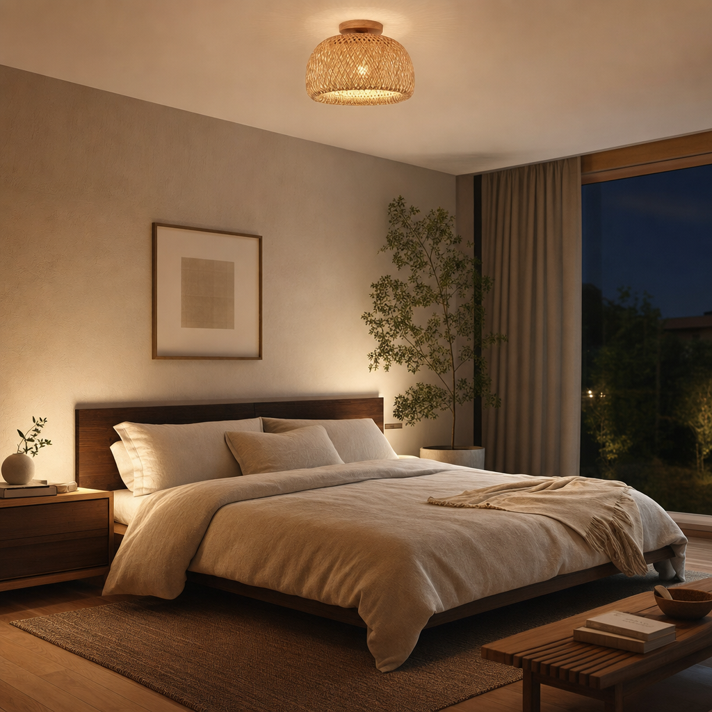 Tropical Woven Ceiling Light | E27 Base | Bamboo Style Semi Flush Mount | Hallway Kitchen Bedroom | 30cm Diameter