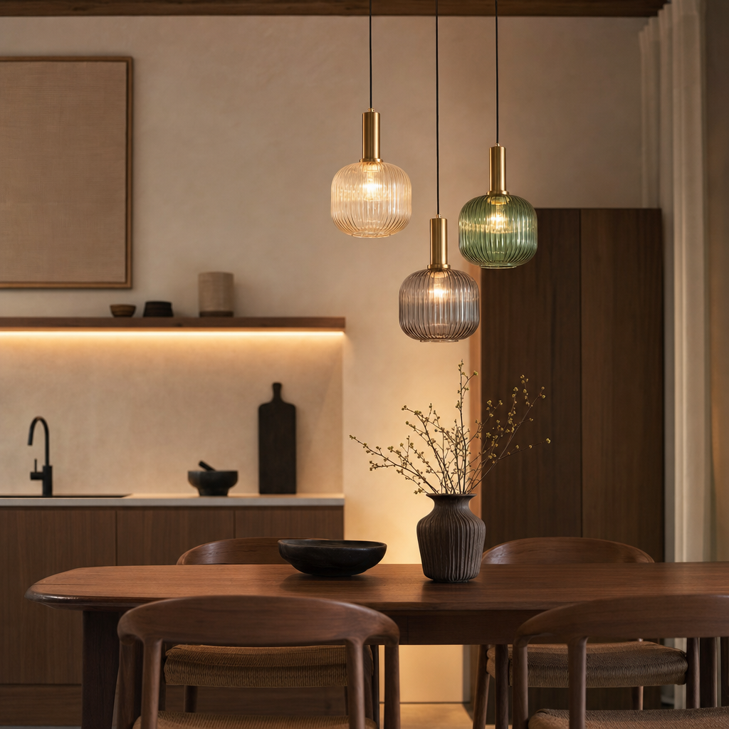 Modern Striped Glass Pendant Light | Kitchen Island Ceiling Fixture | Metal & Polished Finish | E26 Base