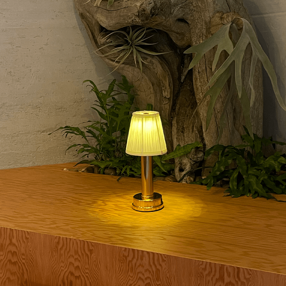 Cordless Rechargeable Fabric Table Lamp | Dimmable LED Light | Soft Atmosphere Lighting | Gold Finish | USB Charging | Portable Desk Lamp